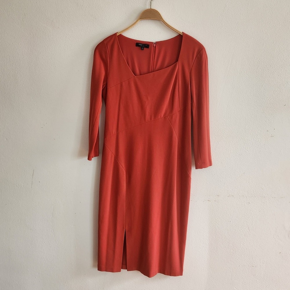 Lafayette 148 Asymmetrical Neck Sheath Dress 6 Burnt Orange Chic Quiet Luxury